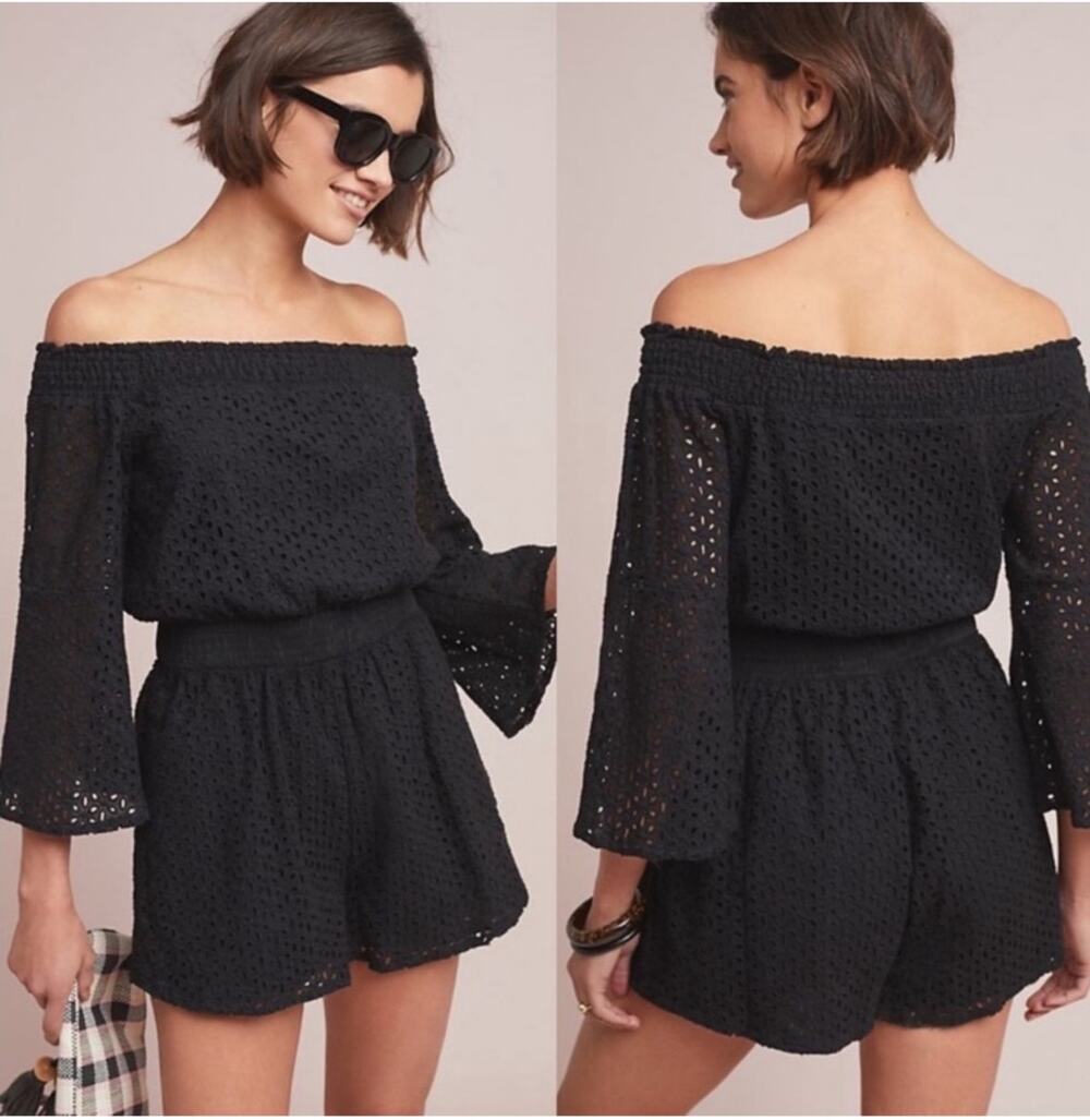 ANTHROPOLOGIE CHLOE OLIVER Eyelet Off-The-Shoulder Romper Black Crochet  Mini XS